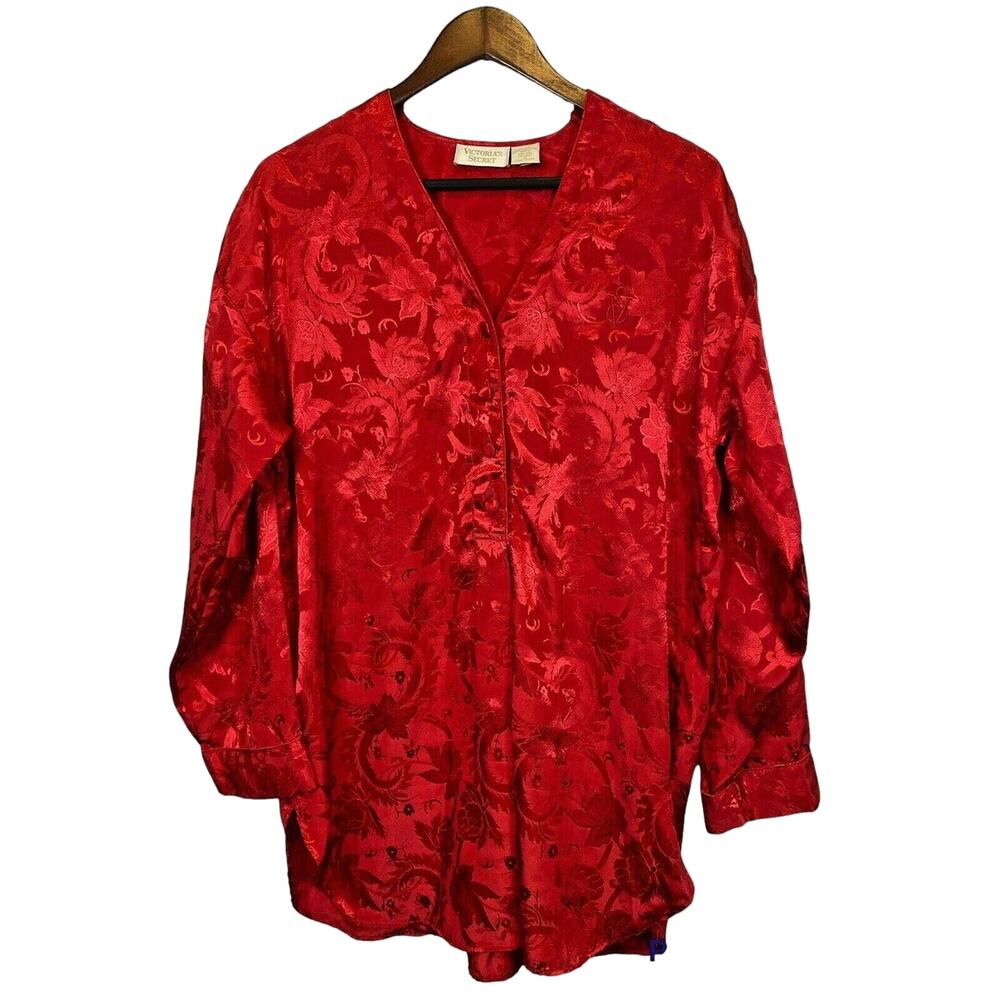 VTG Victoria's Secret Monogramed Red Floral Satin Gown PJ's Women's M Gold Label